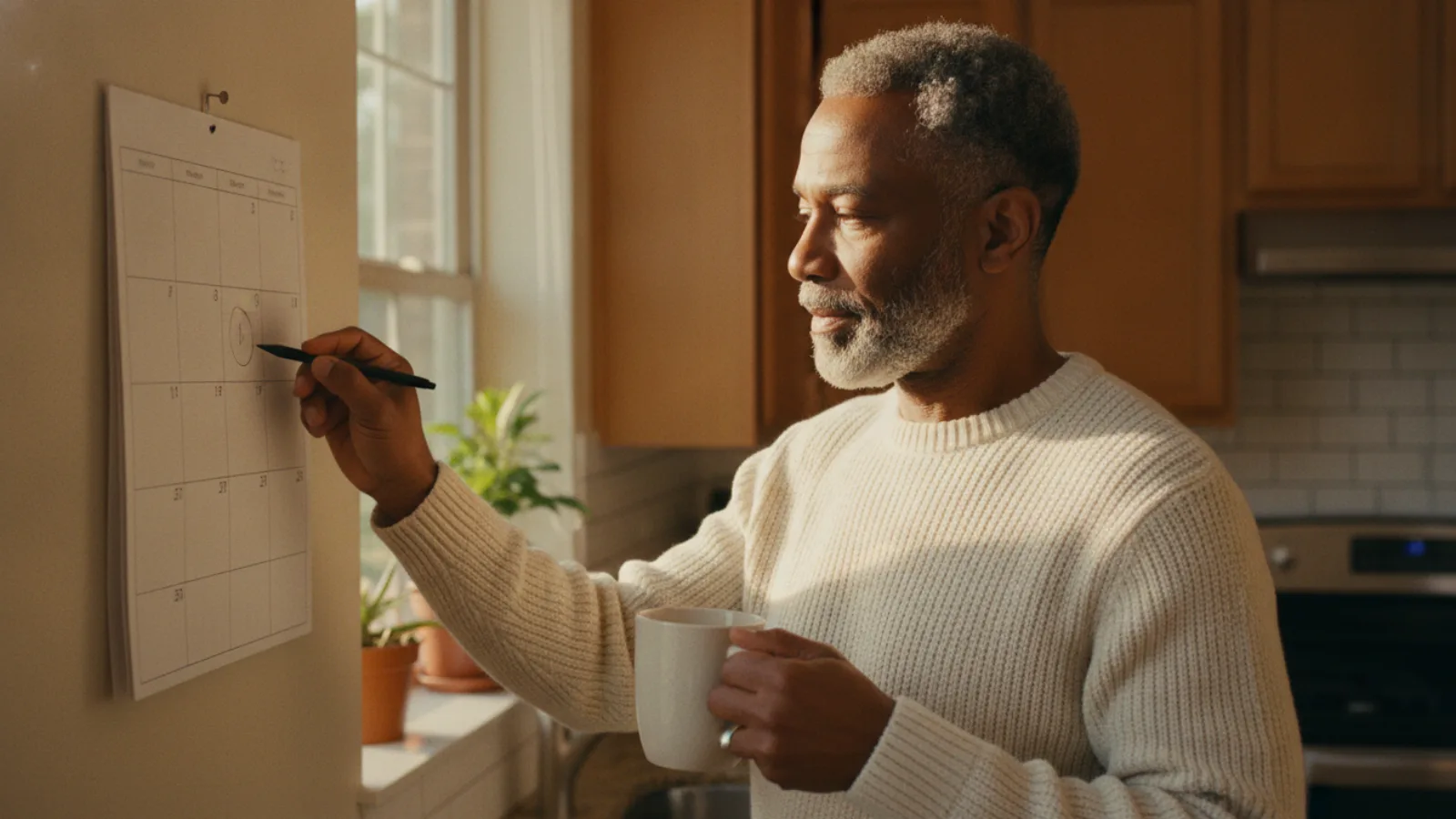 Hombre de 64 años marcando una fecha en el calendario de su cocina