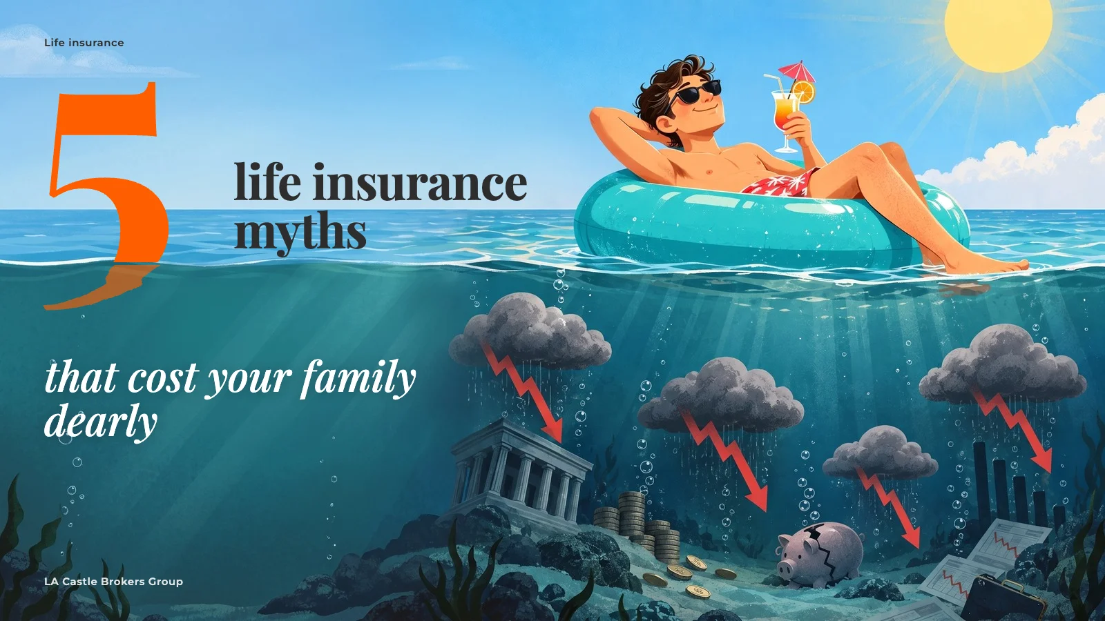 Illustration of a young man relaxing on a pool float in the sun while, below the surface, an economic storm sinks a piggy bank, coins, and falling charts