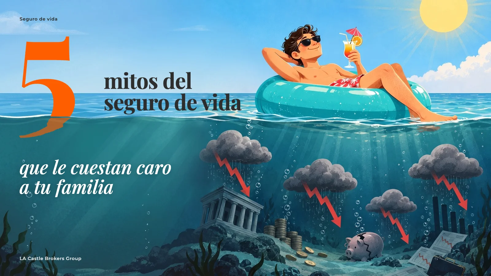 Ilustración de un joven relajado en un flotador bajo el sol, mientras bajo el agua una tormenta económica hunde una alcancía, monedas y gráficas en caída