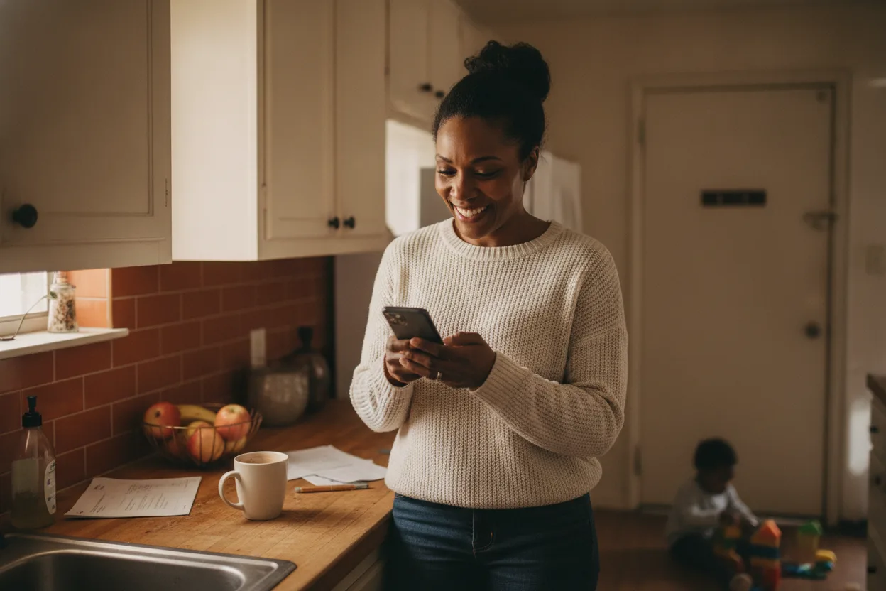 Working mother checking on her phone, from her home kitchen, whether she might qualify for an ACA health subsidy