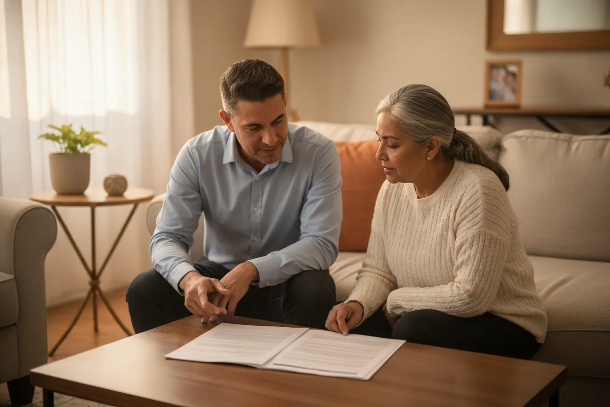 Insurance agent explaining Medicare options to a client in her living room