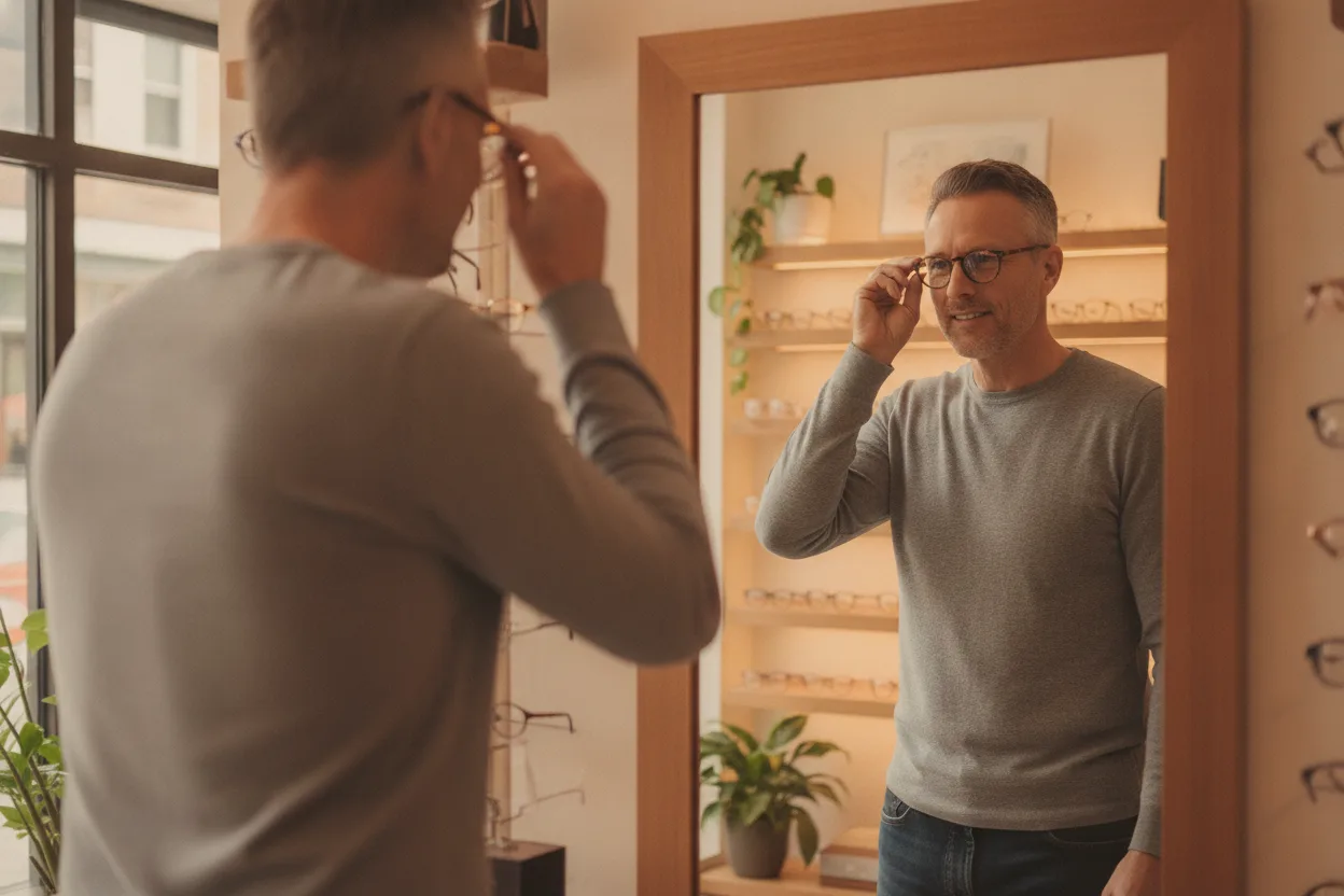 Man trying on new eyeglasses at a small local optical shop