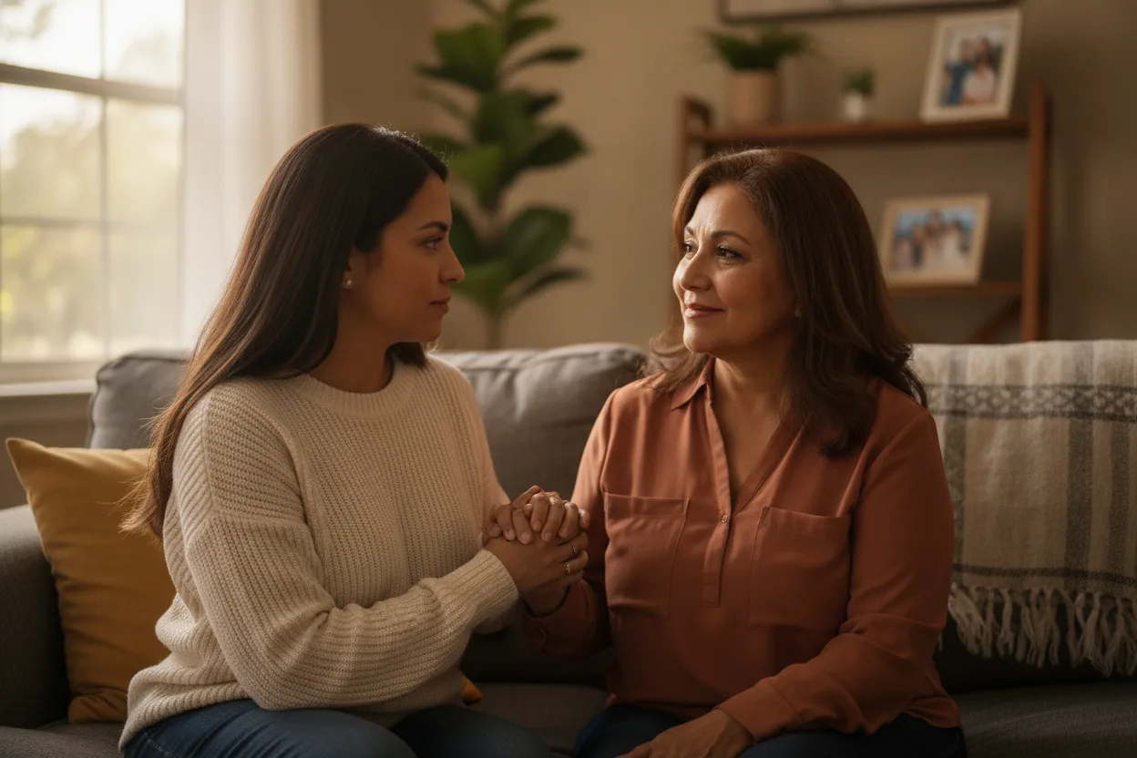 Adult daughter holding her mother's hand in the living room at home, a gesture of family support and companionship