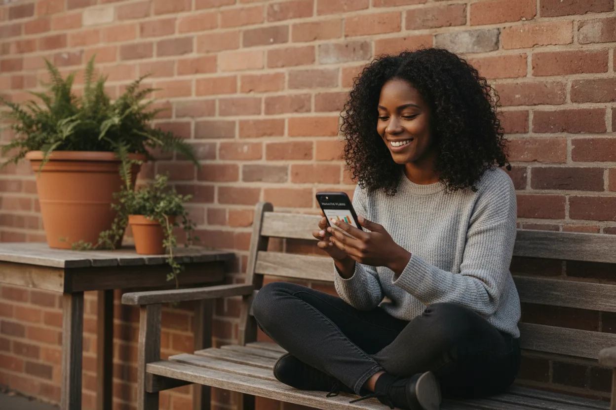Small business employee checking on her phone, during a break, the individual health plan options she could choose under ICHRA