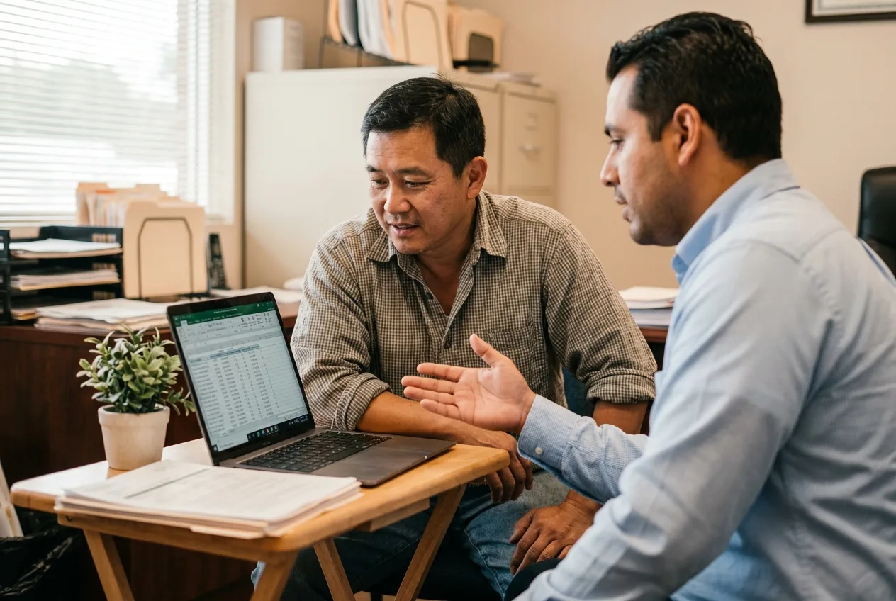 Small business owner in Houston reviewing an ICHRA budget spreadsheet on a laptop with a LA Castle Brokers Group advisor