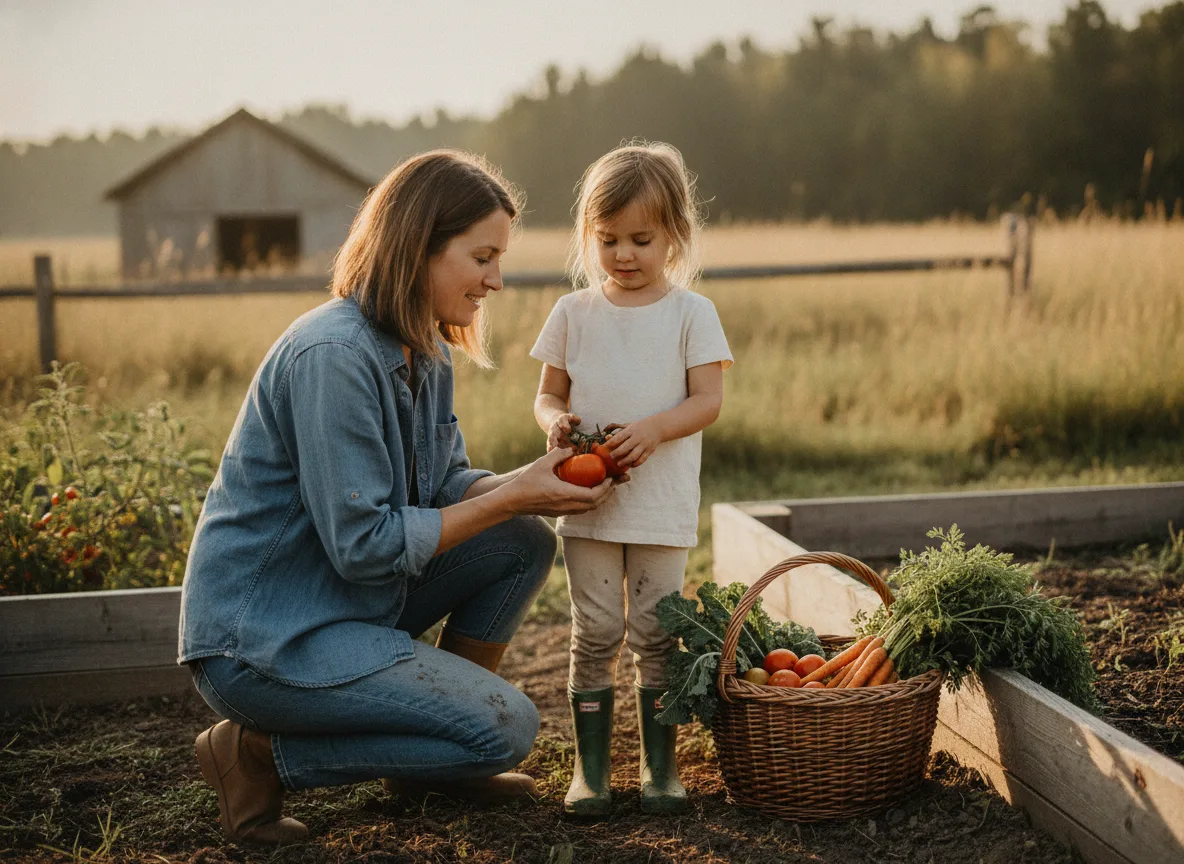 Mother and daughter harvesting vegetables together in the family garden, LA Castle Brokers Group